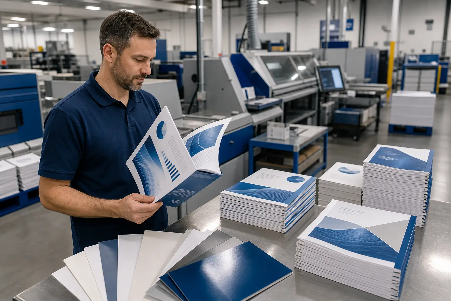 Finished annual reports and paper samples reviewed during commercial print production and bindery.