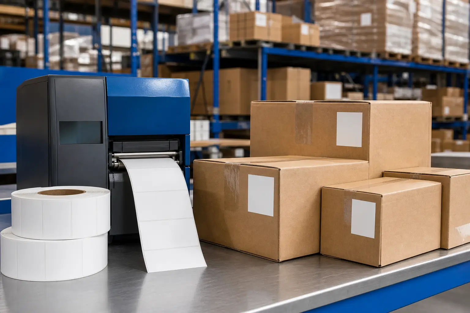 Blank direct thermal labels on rolls beside a warehouse shipping label printer and cartons.
