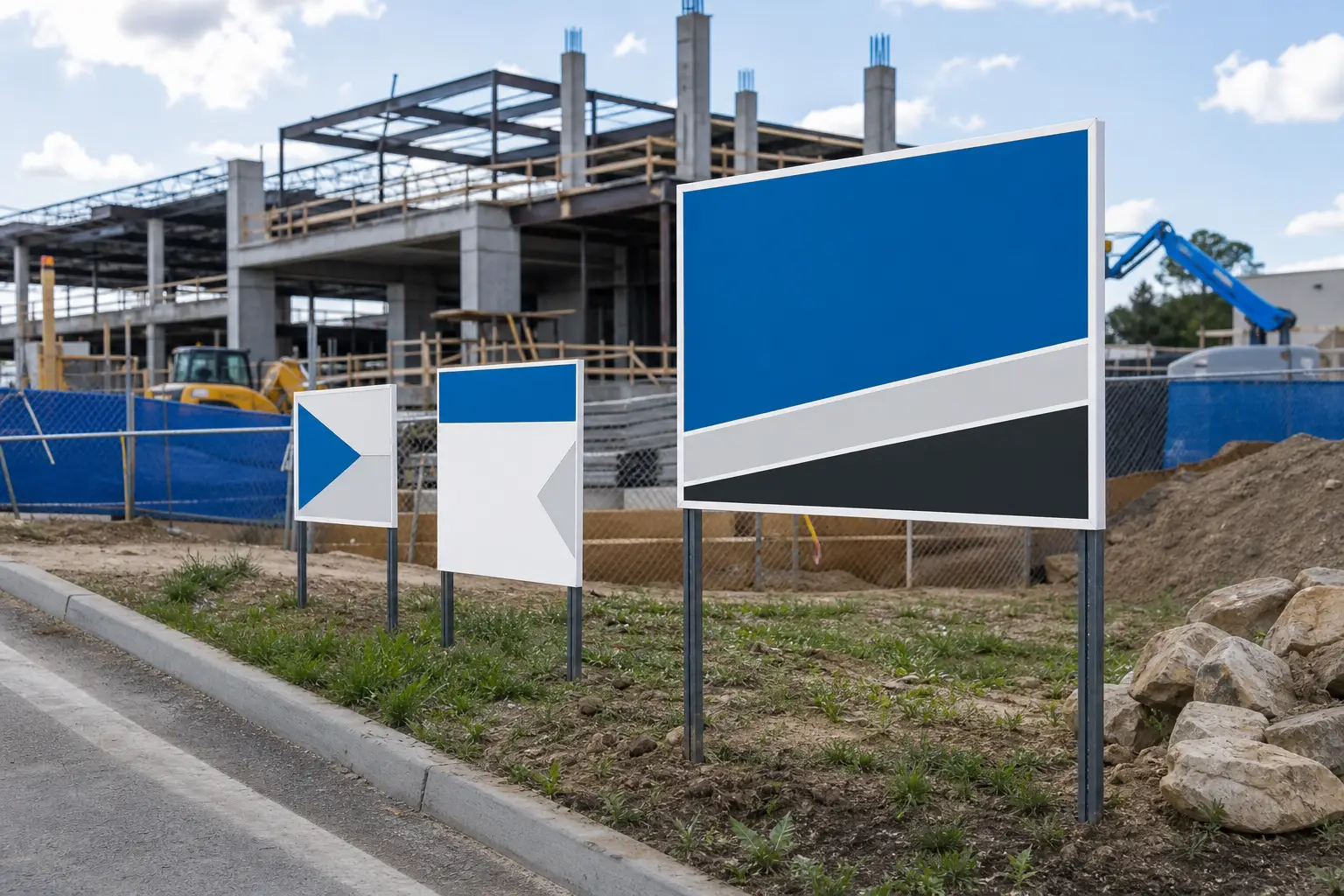 Branded construction yard signs installed at an active commercial project site.