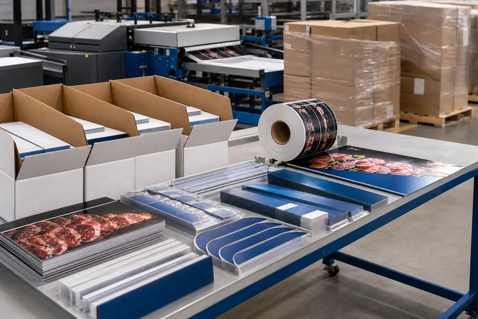 Store-ready grocery merchandising distribution kits being assembled in a commercial print fulfillment facility.