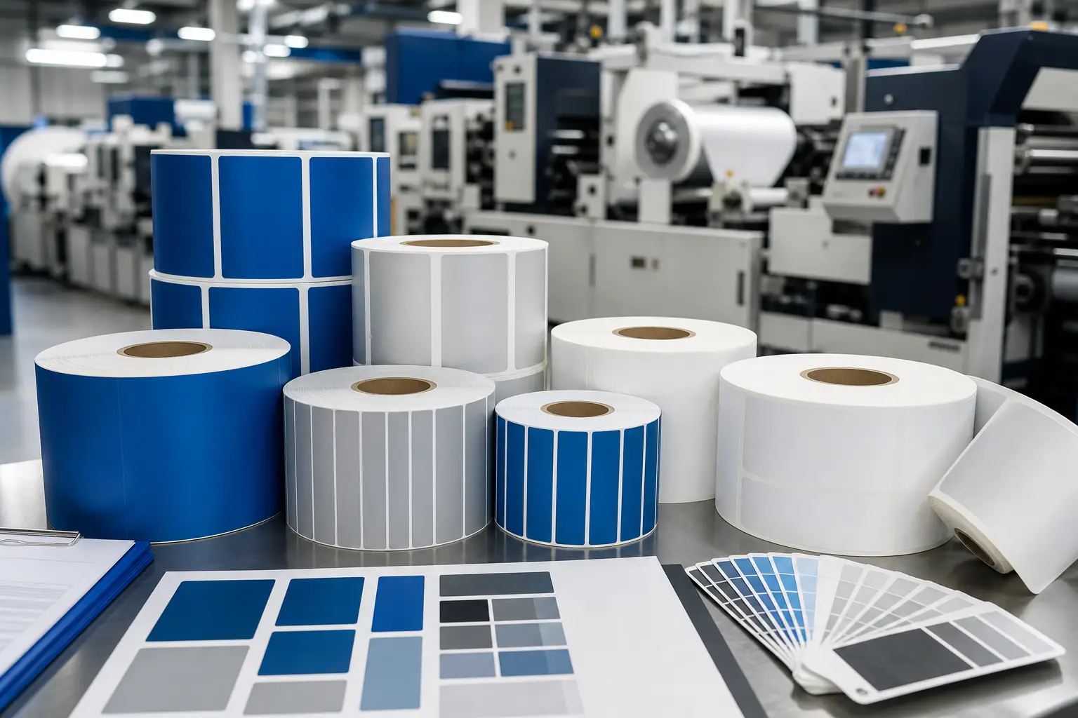 Custom roll labels in multiple sizes prepared for a private-label product program.