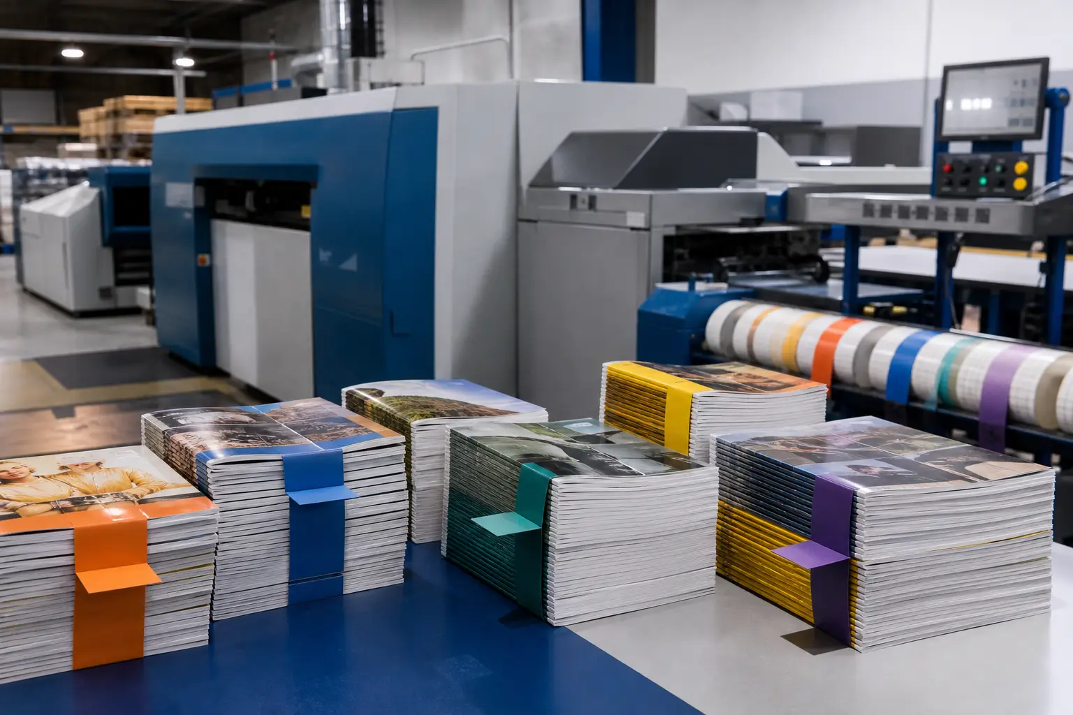 Finished magazine printing short run editions organized for versioned publication distribution.