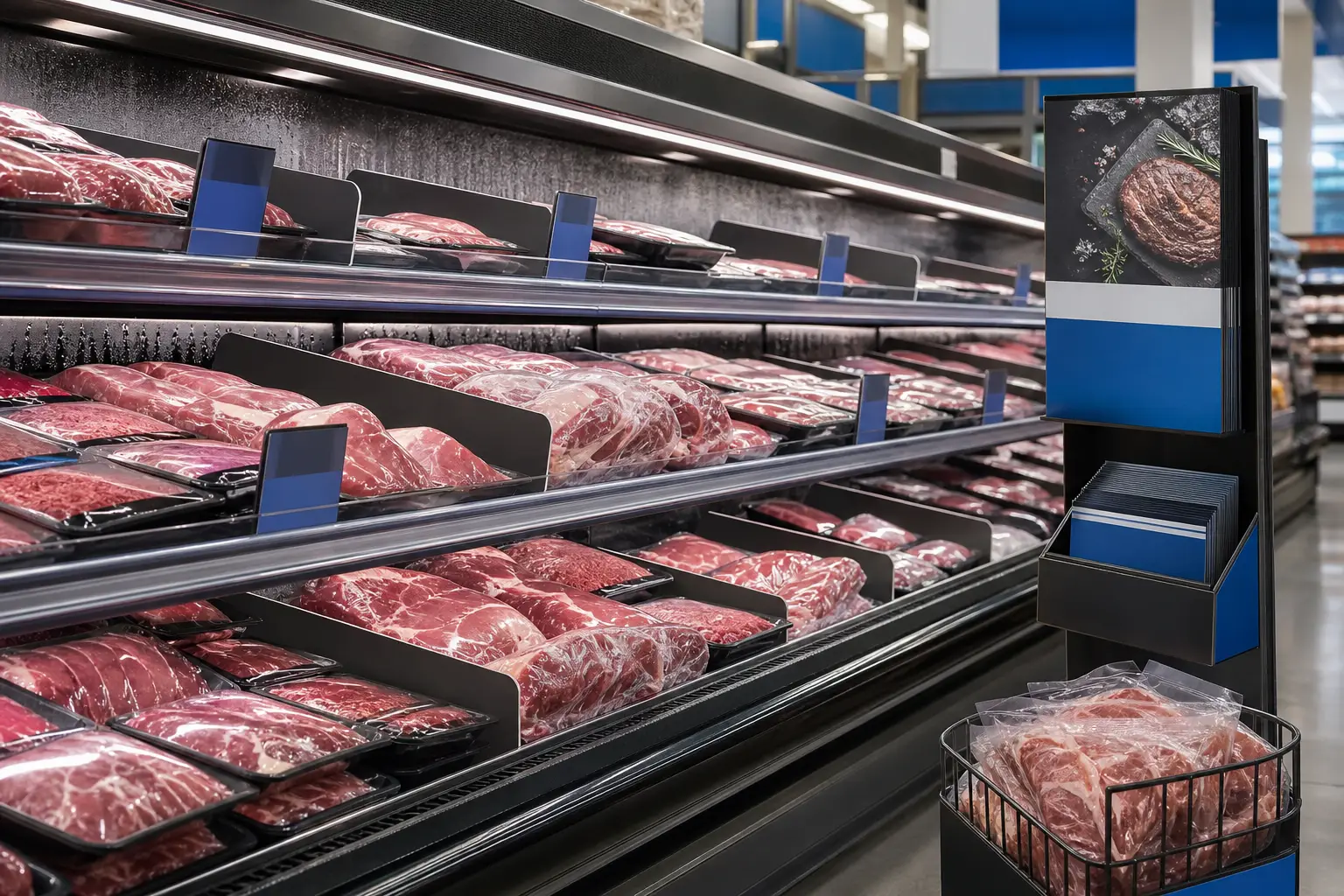 Coordinated meat department merchandising with case dividers and refrigerated signage