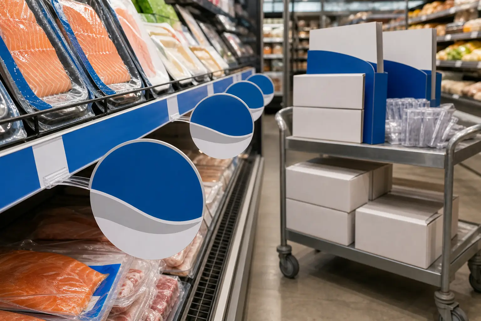 POS wobblers mounted on a grocery shelf edge with coordinated promotional materials.