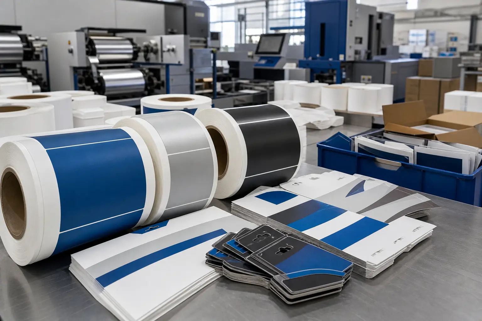 Quality-control table with printed packaging components including label rolls, insert cards, and header cards in a commercial print facility.