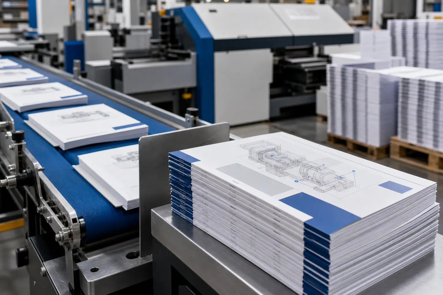Bound user guides and product manuals moving through commercial print finishing equipment.