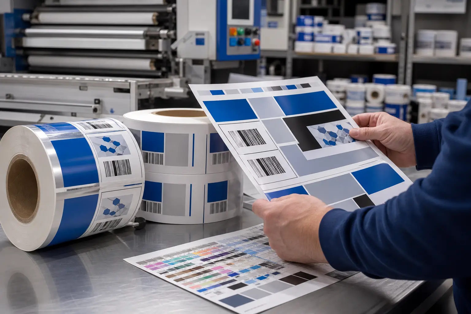 Production-ready label artwork proof and roll labels reviewed before press.