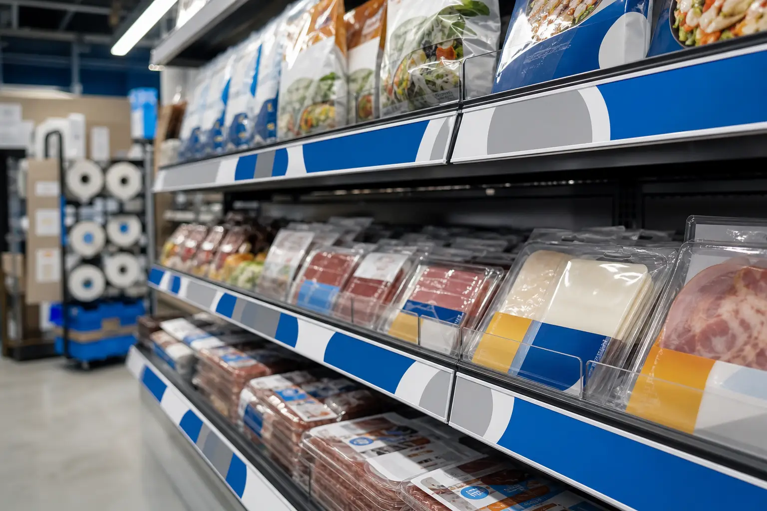 Grocery shelf-edge rail strips installed for a store promotion