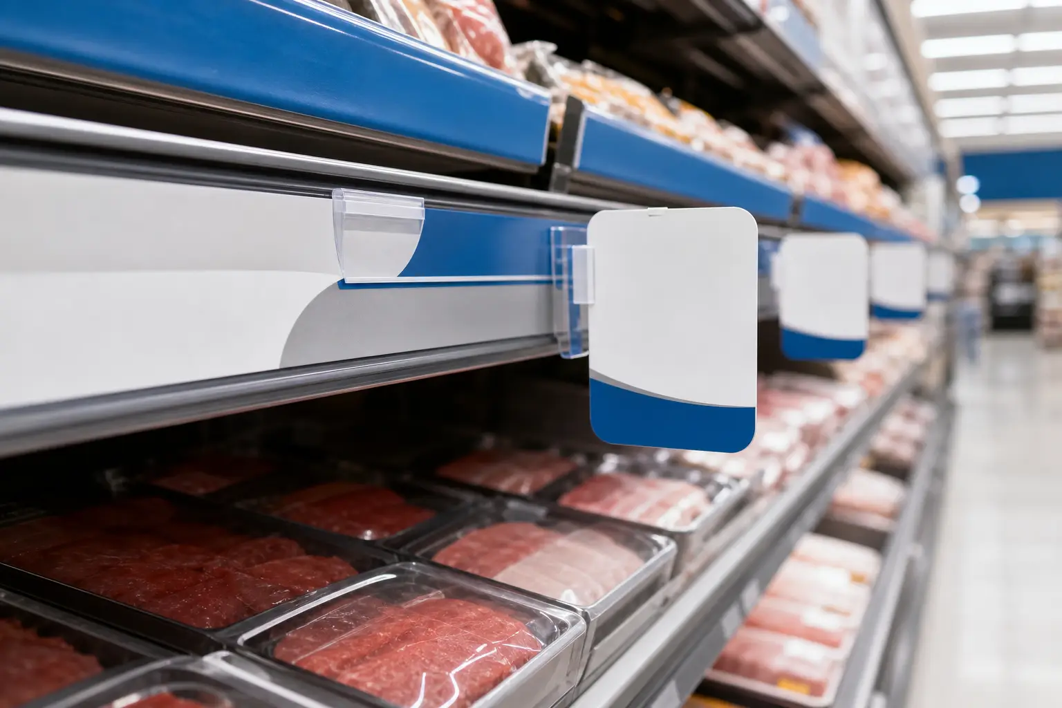 Production-ready rail strips installed on a grocery shelf-edge fixture with POS wobblers.