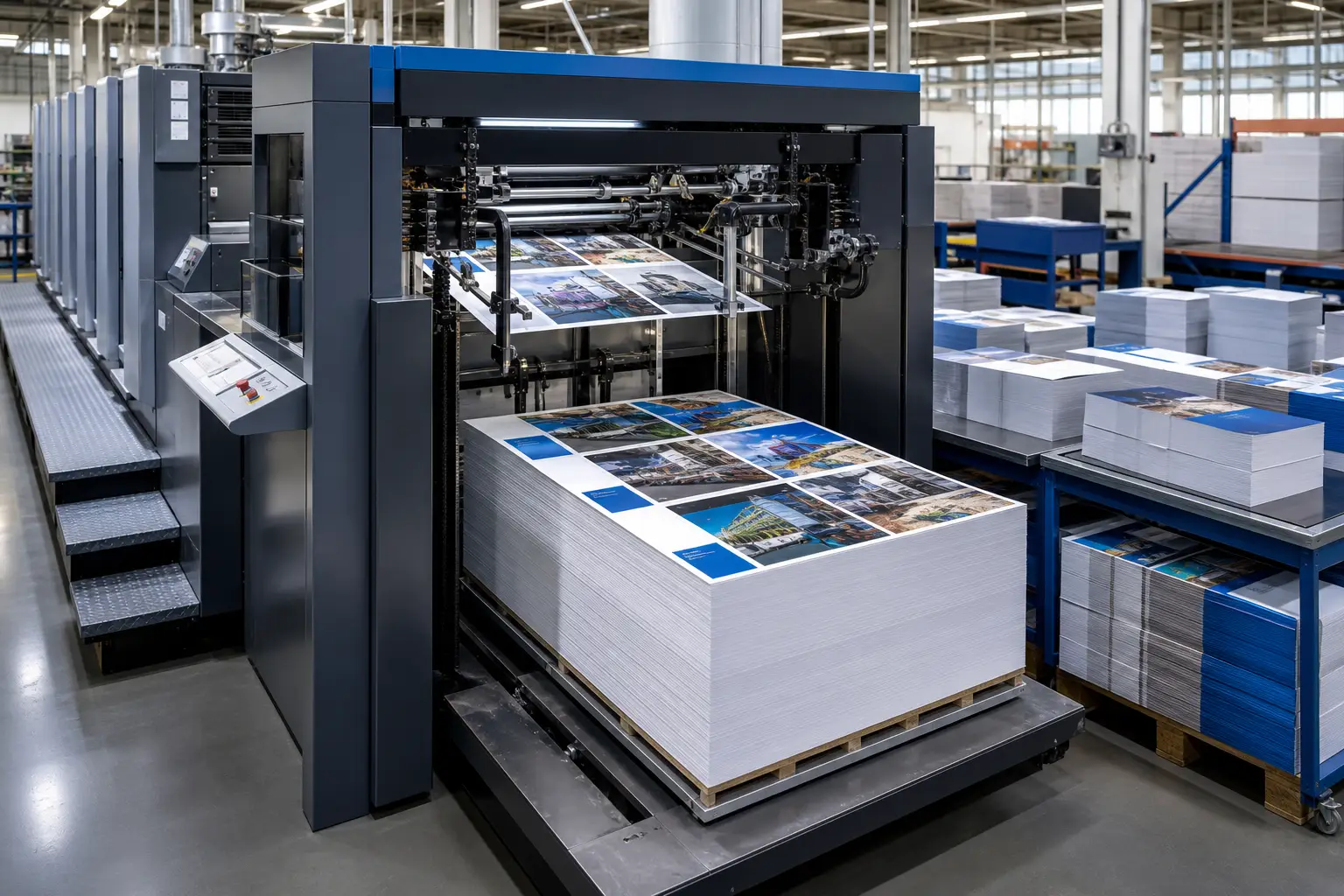 Commercial sheet-fed offset printing press producing full-color printed sheets at scale
