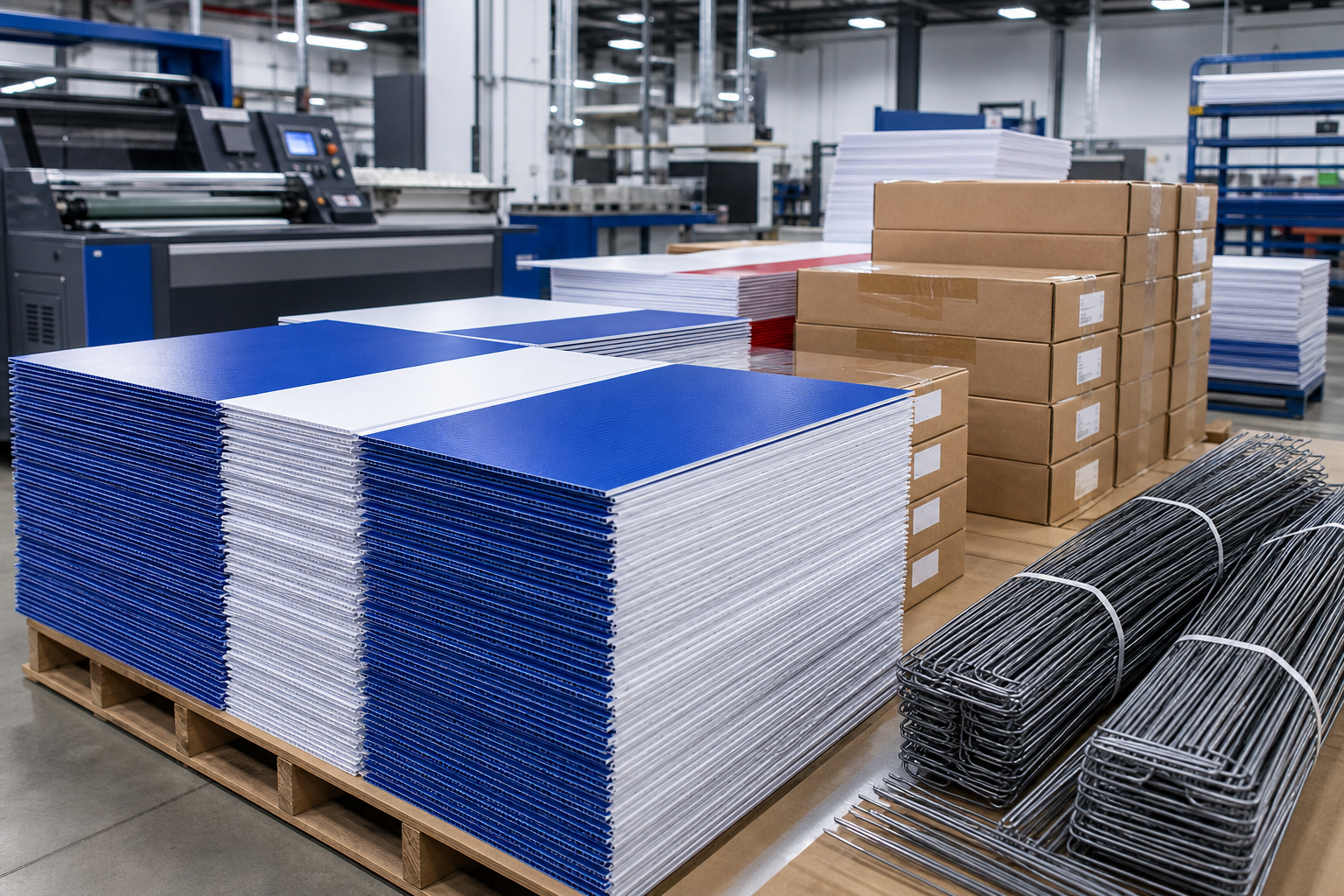 Commercial print production and fulfillment of yard signs with wire stakes and labeled cartons.